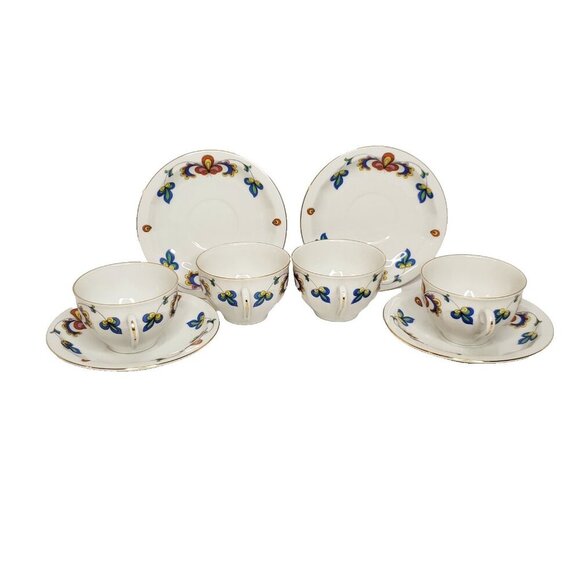 Porsgrund Farmer's Rose Floral Tea Cup Saucer Gold Rim 4 Sets Scandinavian 4oz - Picture 2 of 6
